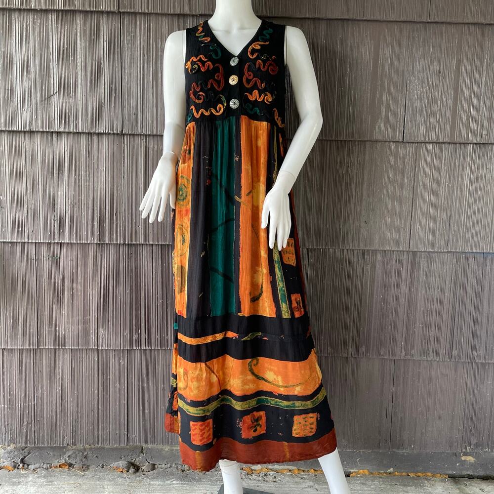Carole Little Multicolor Patchwork Artsy Batik Tribal Boho Midi Dress Size 10